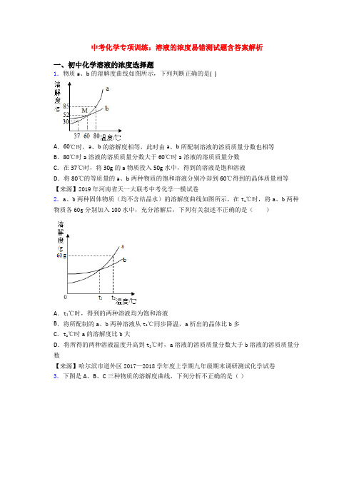 中考化学专项训练：溶液的浓度易错测试题含答案解析
