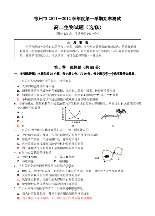 人教版试题试卷江苏省徐州市2011-2012学年高二上学期期末考试生物试题