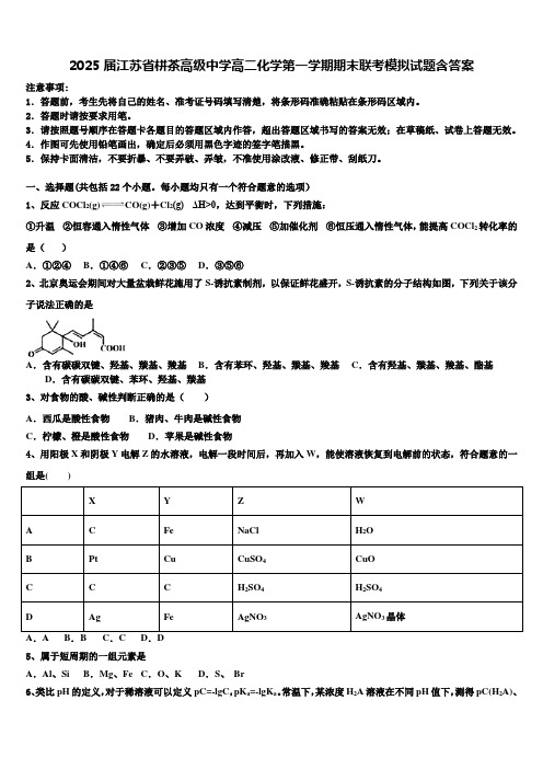 2025届江苏省栟茶高级中学高二化学第一学期期末联考模拟试题含答案