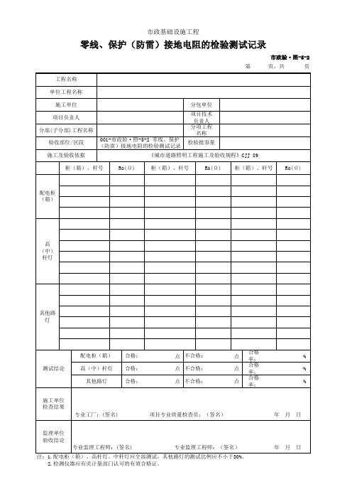 零线、保护(防雷)接地电阻的检验测试记录