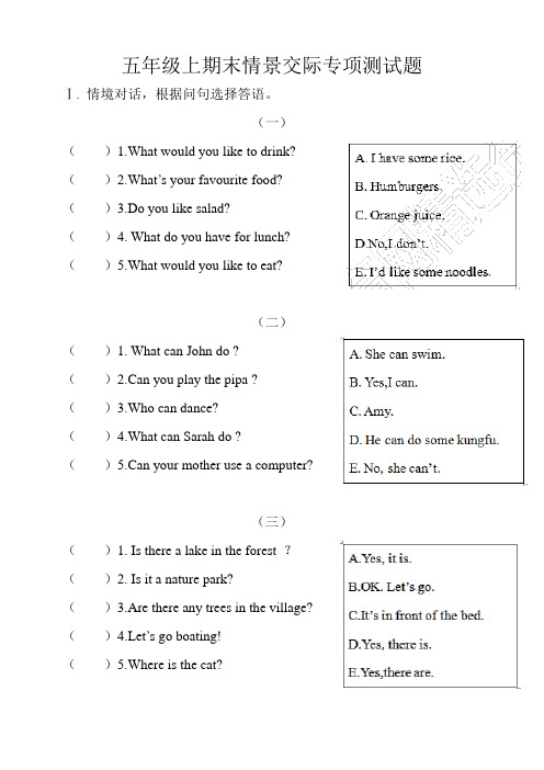 期末情景交际专项测试(试题)人教PEP版英语五年级上册