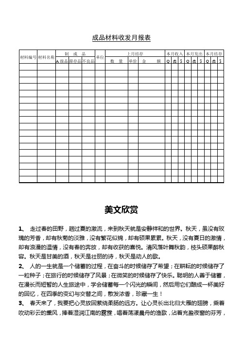 成品材料收发月报表