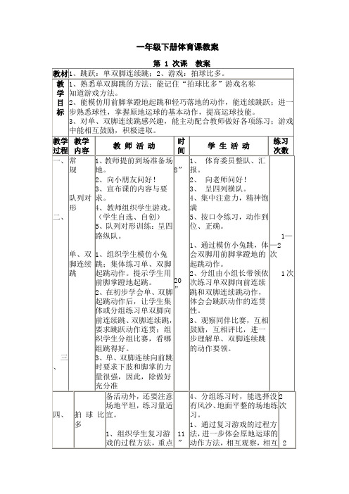 一年级下学期体育教案