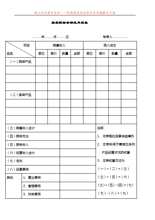 美容院财务情况月报表