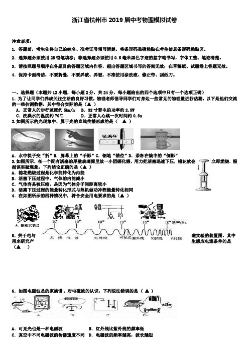 (精选10套名校中考模拟卷)浙江省杭州市2019届中考物理模拟试卷