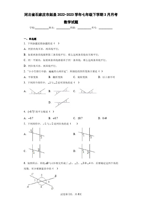 河北省石家庄市赵县2022-2023学年七年级下学期3月月考数学试题(含答案解析)