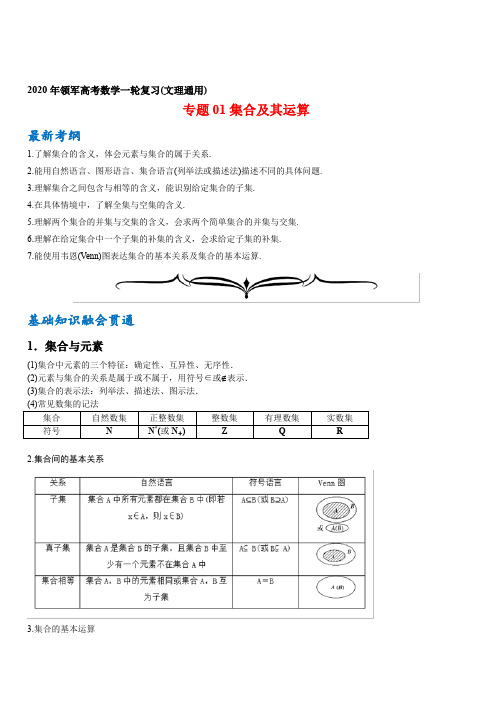 2020年领军高考数学一轮复习(文理通用)专题01 集合及其运算 含解析