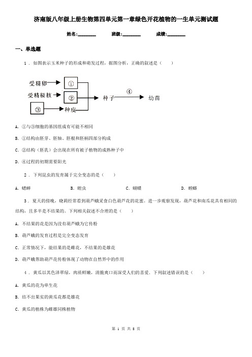 济南版八年级上册生物第四单元第一章绿色开花植物的一生单元测试题