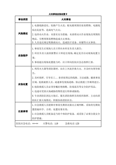 医院应急事件事故应急处置卡(火灾、触电、车辆伤害