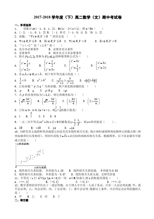 福建省莆田二十四中2017-2018学年高二下学期期中考试 数学(文) Word版含答案
