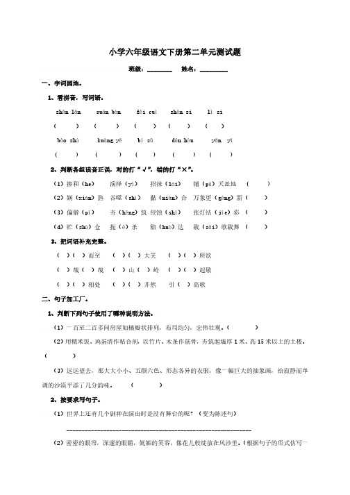 人教版小学六年级语文下册第二单元优秀测试题