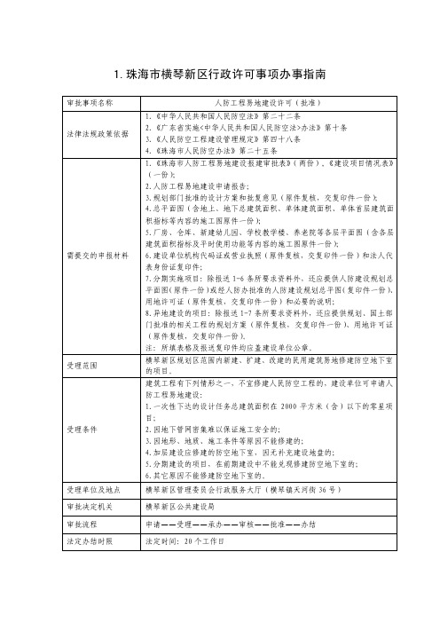 1珠海市横琴新区行政许可事项办事指南