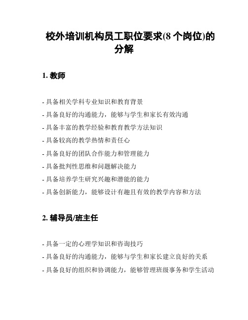 校外培训机构员工职位要求(8个岗位)的分解