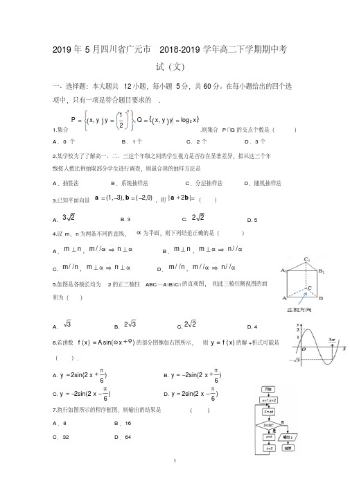 四川省广元市2018-2019学年高二下学期期中考试数学试卷(文)Word版含答案