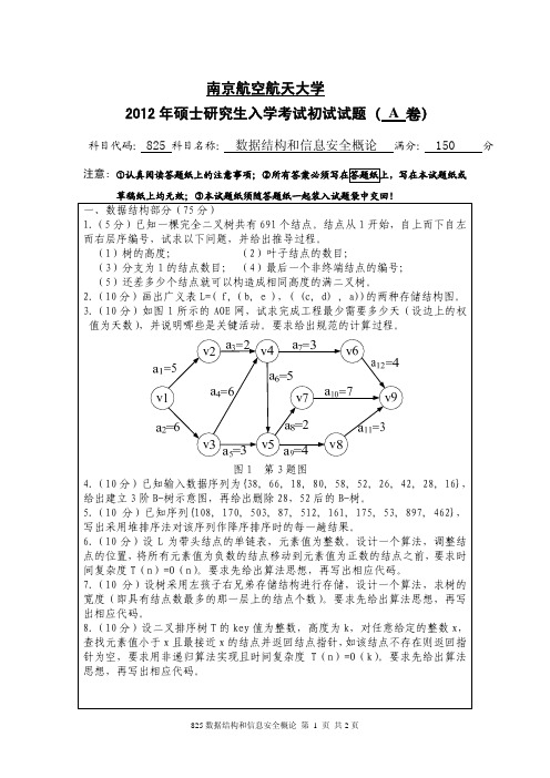 2012年南京航空航天大学825数据结构和信息安全概论考研真题考研试题硕士研究生入学考试试题