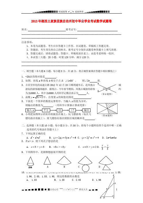 湖南省湘西自治州2013年中考数学试题(word版,含答案)