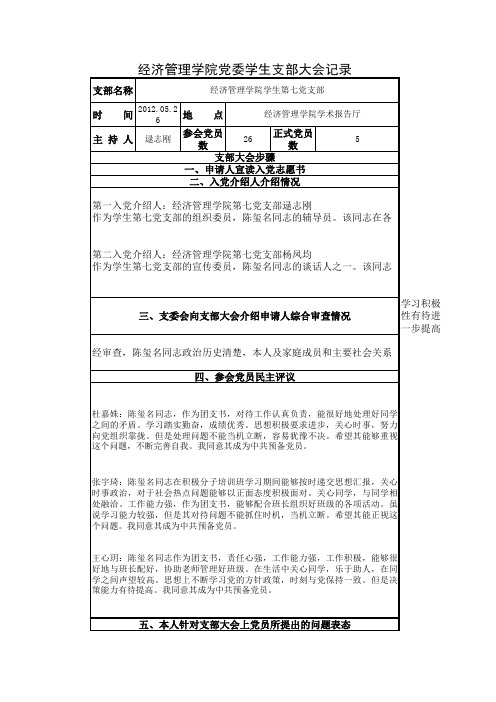 支部大会会议记录(发展预备党员)