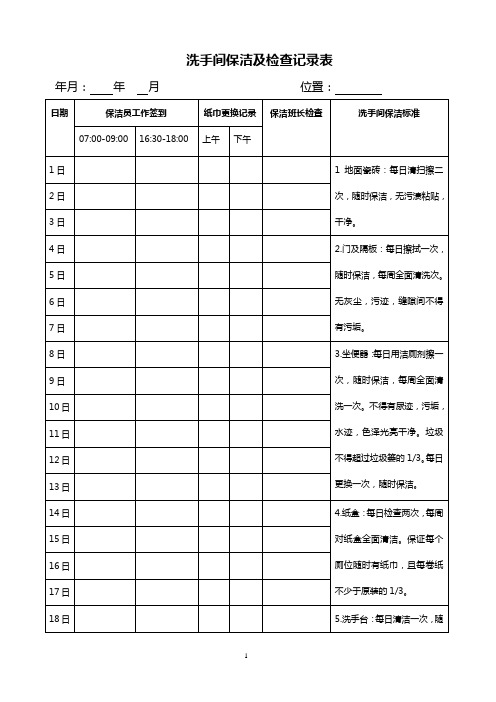 洗手间保洁及检查记录表