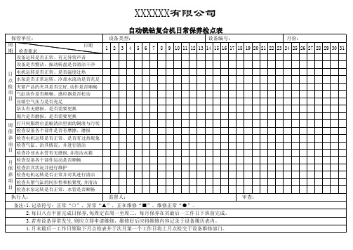 铣钻复合机日常保养检点表