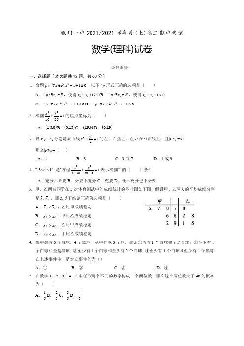 宁夏银川市第一中学高二上学期期中考试数学(理科)试题Word版含答案