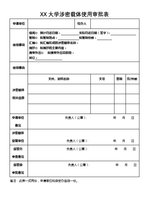 XX大学涉密载体使用审批表【模板】