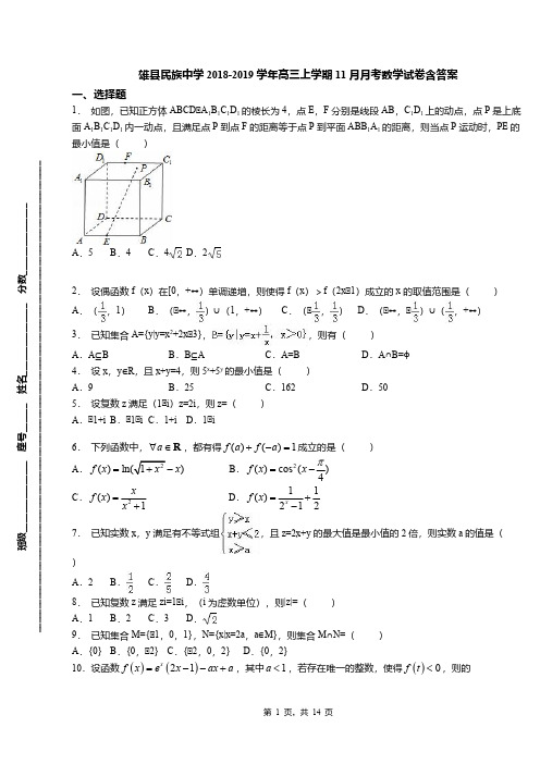 雄县民族中学2018-2019学年高三上学期11月月考数学试卷含答案