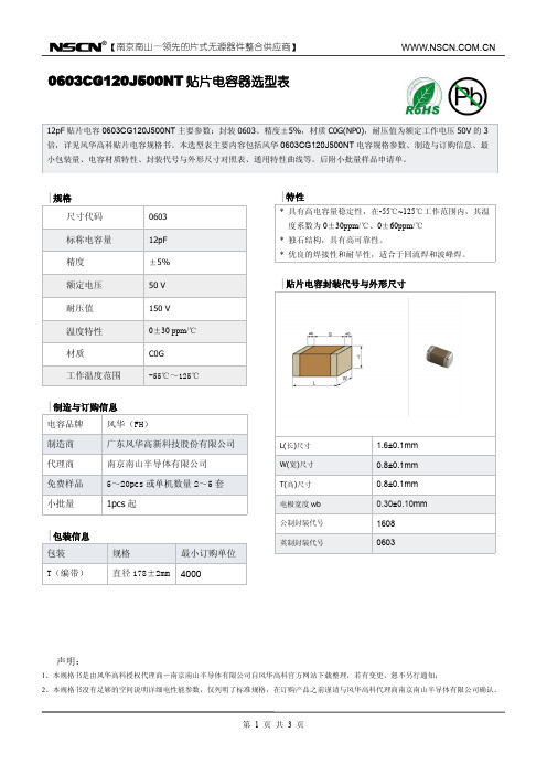 12pF贴片电容0603CG120J500NT《风华电容样品单》