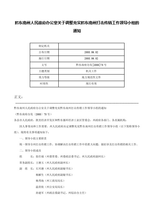 黔东南州人民政府办公室关于调整充实黔东南州打击传销工作领导小组的通知-黔东南府办发[2008]75号