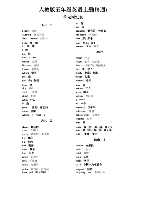 人教版五年级英语上册（精通）单词表