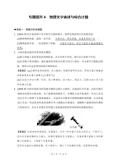 华东师大版中考科学考点突破练习教师版含答案   第3篇 专题提升4 物理文字表述与综合计算 