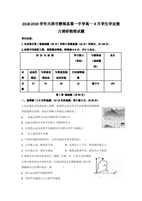 2018-2019学年天津市静海县第一中学高一9月学生学业能力调研物理试题