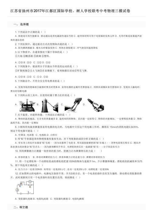 江苏省扬州市2017年江都区国际学校、树人学校联考中考物理三模试卷 及参考答案