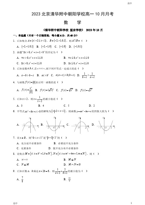 2023北京清华附中朝阳学校高一10月月考数学试卷和答案