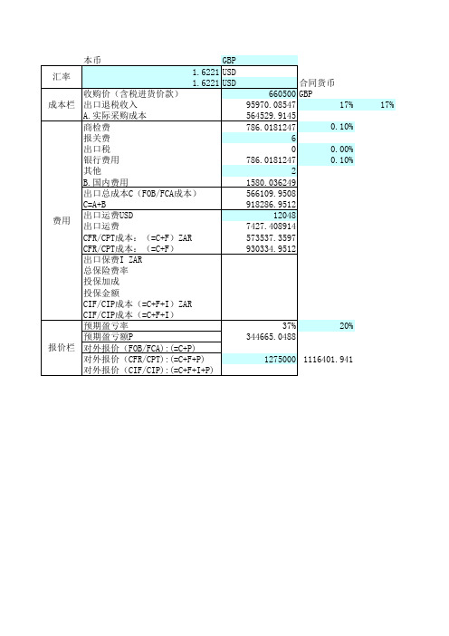 出口预算表(FOB、CFR、CIF)