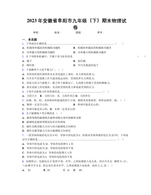 最新2023年安徽省阜阳市九年级(下)期末物理试卷及解析