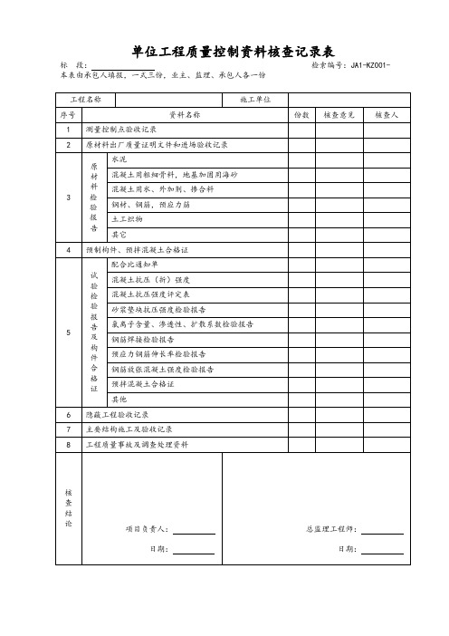 单位工程质量控制资料核查记录表