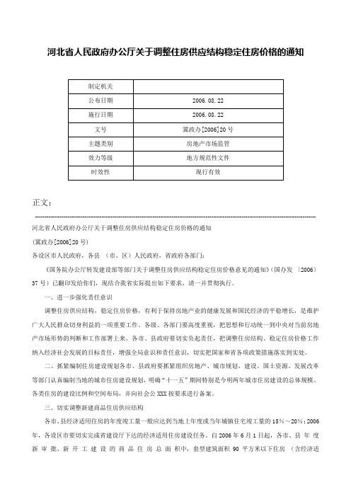 河北省人民政府办公厅关于调整住房供应结构稳定住房价格的通知-冀政办[2006]20号