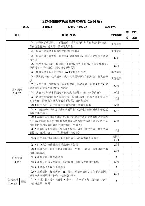 《江苏省住院病历质量评定标准(2024版)》