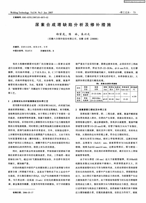 尿素合成塔缺陷分析及修补措施