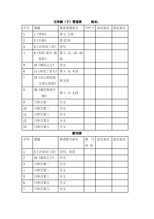 人教版五年级下语文背诵表默写