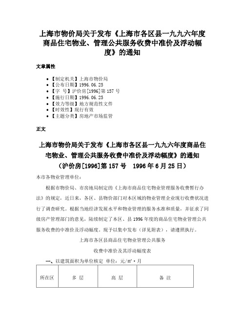 上海市物价局关于发布《上海市各区县一九九六年度商品住宅物业、管理公共服务收费中准价及浮动幅度》的通知