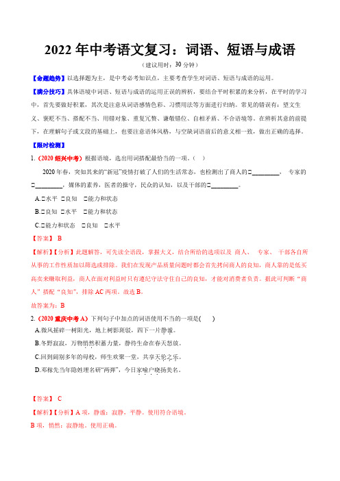 2022年中考语文复习：词语、短语与成语(解析版)