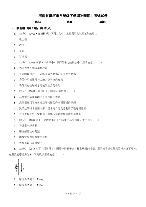 河南省漯河市八年级下学期物理期中考试试卷