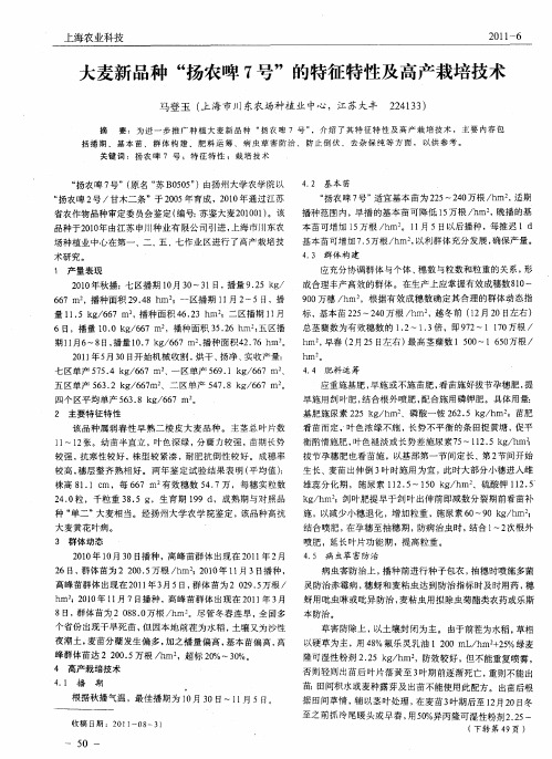 大麦新品种“扬农啤7号”的特征特性及高产栽培技术