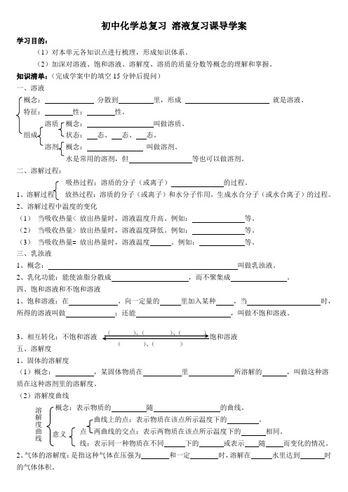 初中化学总复习 溶液复习课导学案