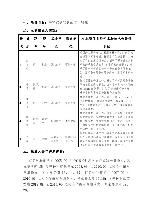 一、项目名称半环代数理论的若干研究二、主要完成人情况