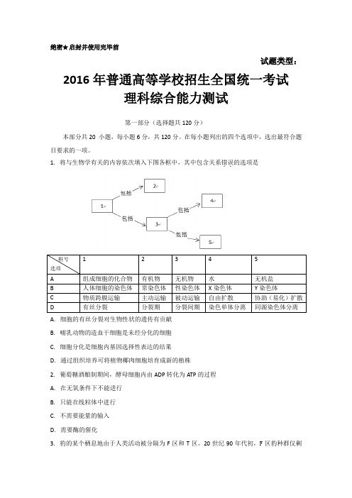 2016年高考北京卷理综+文数试卷及答案