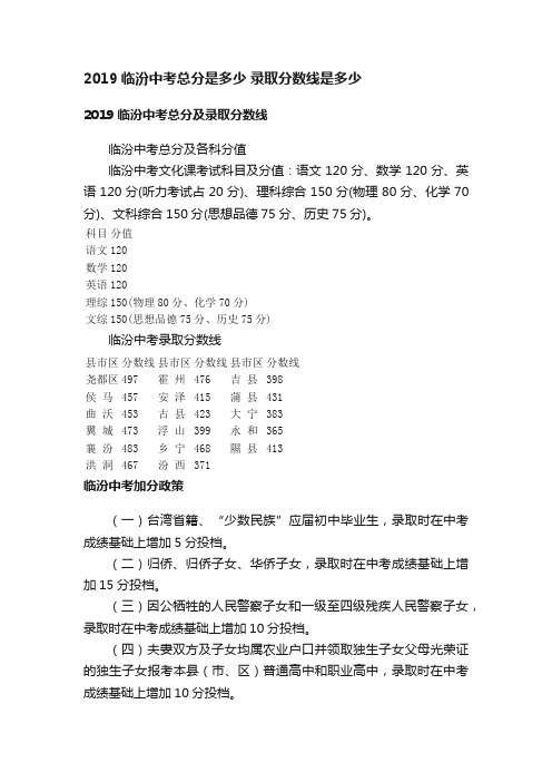 2019临汾中考总分是多少录取分数线是多少