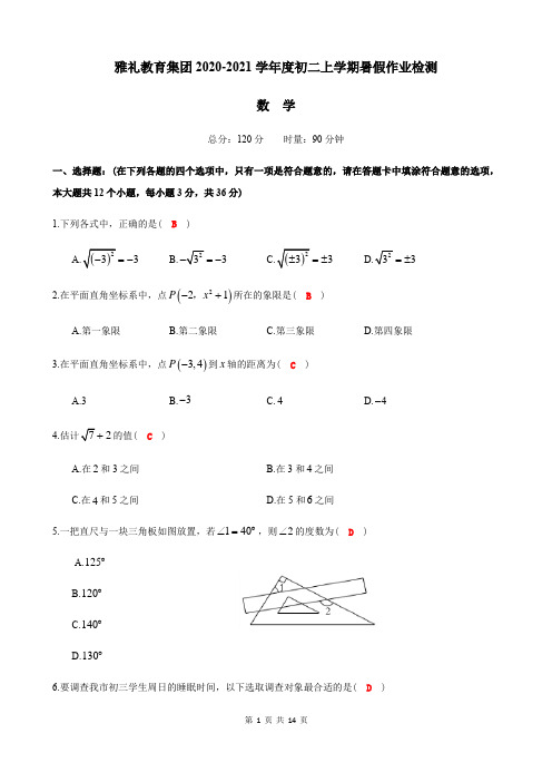 雅礼教育集团2020-2021学年度八年级上学期入学考试数学试卷答案