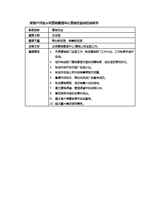 房地产开发公司营销管理中心营销总监岗位说明书